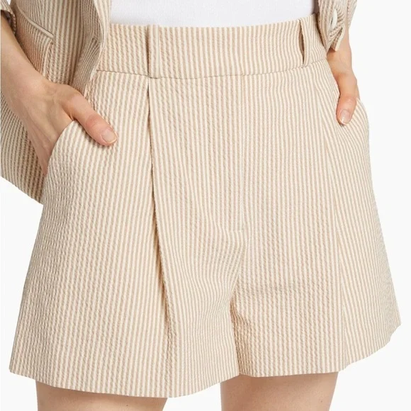 Veronica Beard Haina Seersucker Pleated Shorts Khaki White 6 NWT - Picture 8 of 16